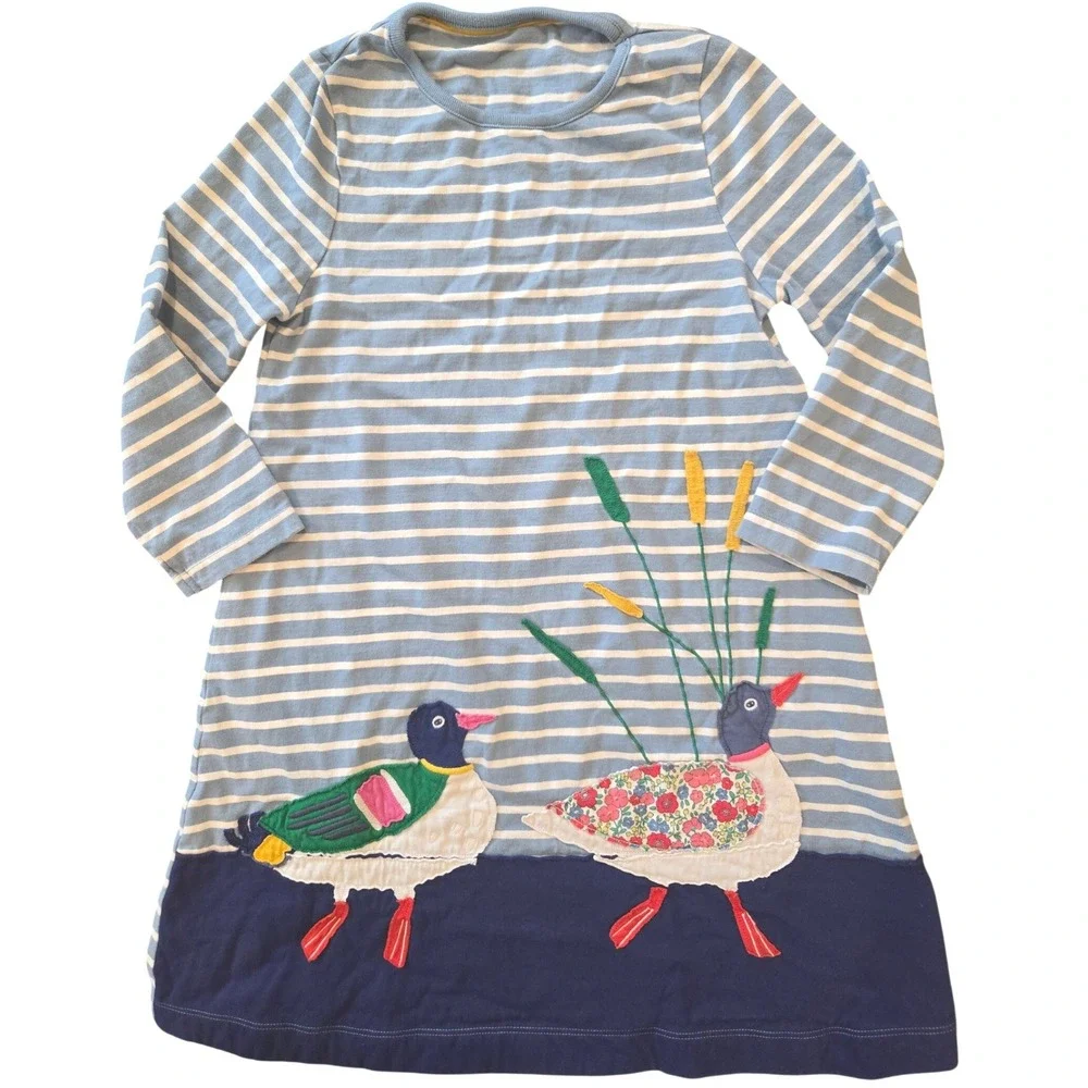 MiniBoden Kids Blue White Striped Duck Applique Long Sleeve Cotton Dress 9-10yrs